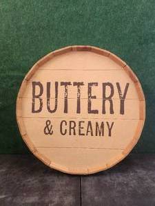 lot 251 image: Buttery & Creamy wine barrel hanging sign- full size