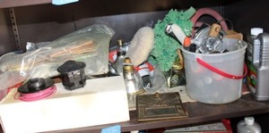 lot 180 image: Misc. items shelf contents - CLR, scrappers, buffer pad, light bulbs, car polish and more