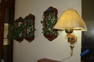 lot 40 image: Wall light fixture and set of 3 wooden wall art