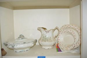 lot 54 image: Vintage ceramic dishes Red flower oval bowl and plate, green and white pitcher, blue and white serving bowl with lid