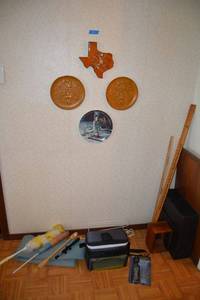 lot 60 image: Misc. lot personal cooler, sound pressure level meter, CD holders, wooden Texas wall clock and more