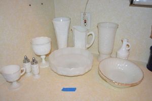 lot 69 image: White and Milk glass dishes with Anchor Hocking Fire King bowls
