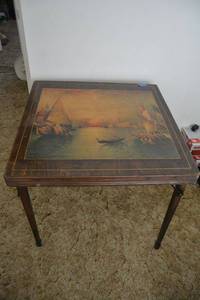 lot 109 image: Vintage Wooden folding card table with picture