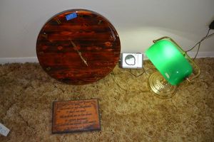 lot 117 image: Bankers lamp, Wood wall clock, digital weather clock, The Lord is my Shepherd wall plaque