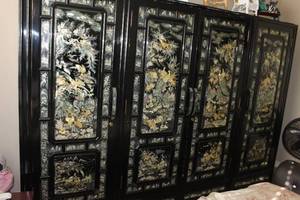 lot 2 image: Vintage Korean Black Lacquer Armoire with Intricate Abalone shell inlay. Dissembles into 3 sections 74x108x26 more information below