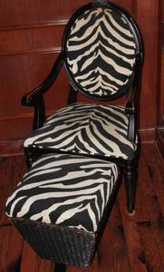 lot 183 image: French Style Zebra Print Balloon Back Open Arm Accent Chair and  wicker Woven Foot Stool