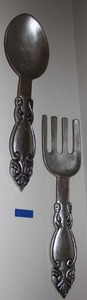 lot 61 image: Large Metal Spoon and Fork Decorative Pieces .. Possibly aluminum or Pewter