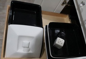 lot 62 image: Square Serving Dishes, and lidded casserole Dishes and Salt and Pepper Shakers