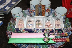 lot 92 image: Divided Dish, Tea cups, Chopsticks and chopstick holders