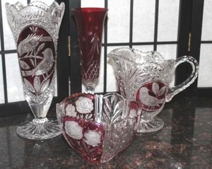 lot 94 image: German Red Evita Bleikristall Crystal Trinket Dish, Hofbauer Burdes German Lead Crystal Ruby Stained 10 Vase and Pitcher, Waterford Crystal Champagne Flute, Merry Christmas