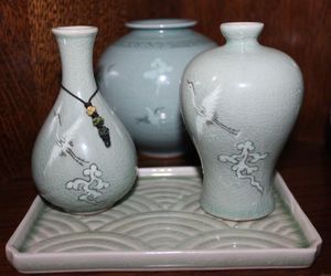 lot 7 image: Vintage Asian Korean Celadon Green Porcelain  Vases, Cranes of Flight