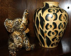 lot 9 image: Vintage La Vie Safari Patchwork Print Ceramic Elephant - Cheetah Zebra, and Vase