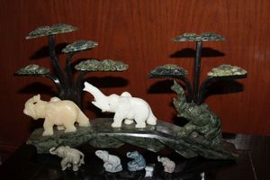 lot 145 image: Jade Tree and Elephants, White Jade Elephant and Jadeite Jade Elephant and Vintage Wade Whimsies Circus Elephants
