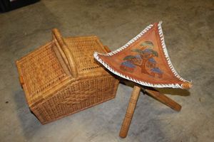 lot 211 image: Vintage Handmade Leather stool and Wicker Picnic Basket