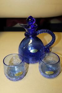 lot 224 image: Cobalt Blue crackle glass decanter and glasses