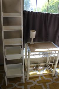 lot 253 image: White Wooden Bin Shelf and White Wine rack and Small White Lamp