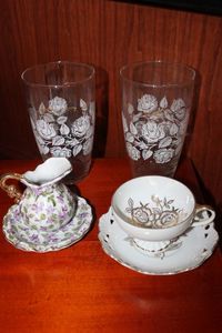 lot 302 image: Floral Printed Glasses, Ceramic Miniature Pitcher and basin, and Tea cup and Saucer