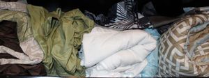 lot 112 image: Twin Size Comforter and Shams, Unused shower Curtain, Mattress pad and Queen Comforter with Shames and Green Queen Sheets
