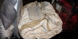 lot 113 image: Bedding, Red King Size Comforter, Cream coloured Queen Comforter and Grey Sheets, pillows and dust ruffle, no comforter