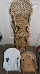 lot 117 image: Six Wicker Doll Chairs, Grey and Brown Chair is a Rocker