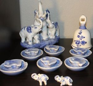 lot 166 image: White and Blue Ceramic Decorations, including Mini Elephants From Morocco, a Ceramic Bell From Holland, Asian Dishes and More