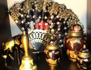 lot 167 image: Brass with Lacquer Inlay Spice Urns, Gem inlayed Brass Bell, Asian Hand Fan, and Ornate Lacquer Elephant
