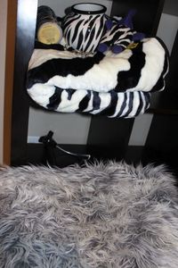 lot 182 image: Zebra Print Items, including a Plush Blanket Vase and More as shown in photos