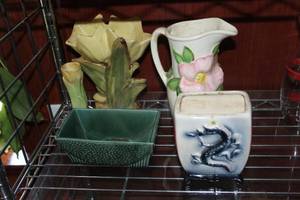 lot 301 image: Vintage Royal Copley Gray Dragon Vase. 1970 Holland old Dogwood Flowers. Vintage 50s McCoy Tulip Vase, and Vintage Shawnee Pottery Tulip Vase USA 115, Green USA Planter