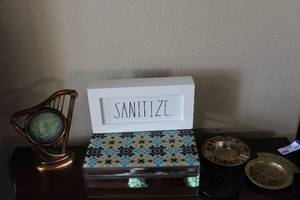 lot 322 image: Sanitize Sign, Decorative Box Vintage Ashtray, used to hold keys, and more