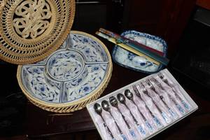 lot 281 image: Snack Set in Bamboo Basket, Sambo Bowl, and Demitasse Set