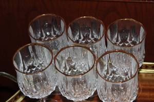 lot 293 image: Six Cristal DArques Lead Crystal Water Glasses with 24k gold Trim