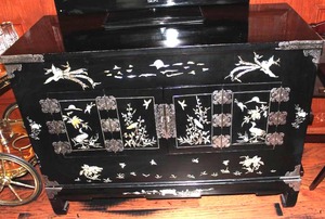 lot 296 image: Vintage Korean Black Lacquer Mother of Pearl Cabinet.. Very Nice