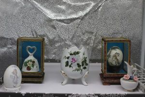 lot 87 image: Ceramic Eggs, Bell and Miniature Vase with Plow