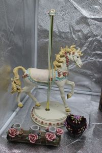 lot 33 image: Vintage Carousell Horse 18in Tall, Capodimonte Candle holder, and Heart Shaped Petite trinket box with hand  embroidery