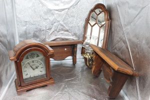lot 419 image: Wooden Wall shelves, mirro candle holder and clock