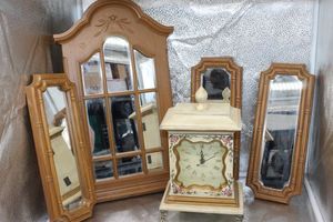 lot 119 image: Wooden and Plastic wall Mirrors and Clock with small cabinet