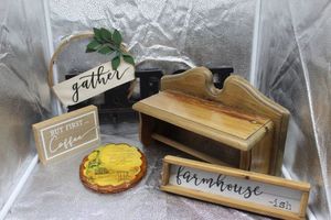 lot 118 image: Wooden Paper towel holdershelf and home dcor plaques, and Fresh Coat hanger