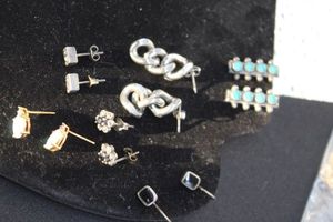 lot 16 image: Earrings 6 Pairs Silver, Pear Shaped Earrings with stones, Rectangle earrings, Flower Earrings with Stones, Chain earrings, Square earrings with navy blue stones, turquoise earrings 24.06g total weight
