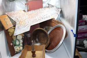 lot 161 image: Vintage Metal signs, Wooden Bowl, nut shelling set, spud masher, wood tray and more