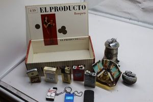 lot 105 image: Vintage Cigar box and collection of lighters