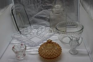 lot 46 image: Clear Glass Dishes and Amber lidded candy dish,