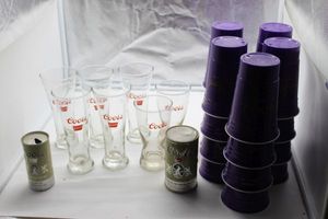 lot 230 image: Vintage Coors Glasses, Coors Speaker and Vintage Coors Can, Crown Royal Beer Pong Cups