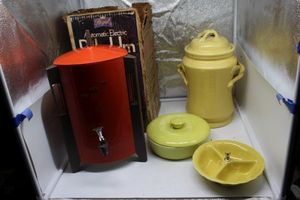 lot 44 image: Vintage Electric Percolator, ceramic canister, covered dish and divided pickle Dish