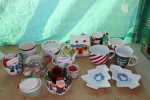 lot 250 image: Christmas Dcor, Mugs, Teapot, Little house, Elf Measuring Cups and more