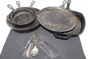 lot 294 image: Cast Iron Skillets and Camping utensils