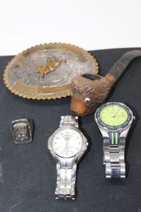 lot 299 image: Belt buckle, Pipe and Mens Watches and ring