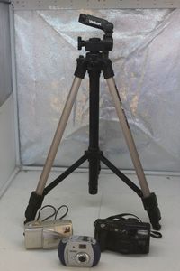 lot 334 image: Tripod and Cameras Olympus Stylus Epic Zoon 115, Fuji 1000 Zoom Discovery Panarama Zoom, Fujinon lens