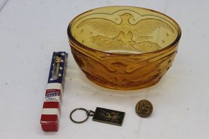 lot 17 image: Amber colored Eagle Bowl and more