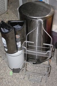 lot 402 image: Kitchen Step Open Trash Can, Two bag Holders, Bathroom Step Open Trashcan and Shower Caddy