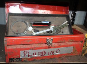 lot 76 image: Tool Box  and Contents of Plumbing Tools and Supplies
